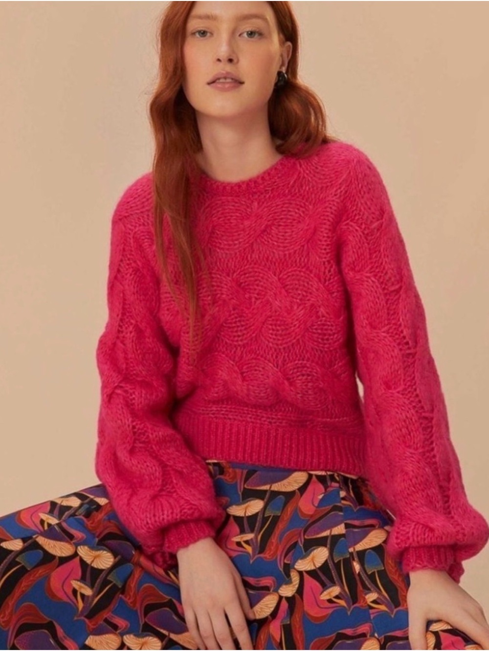 FARM Rio Pink Maxi Cable Knit Sweater Small